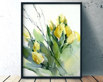 Art print of watercolor flower painting - Yellow tulips - giclee on watercolor paper