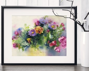 Print of Flowers painting watercolor - flowers  art print - camomile painting , asters, rose painting print on watercolor paper