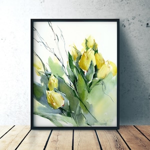 Kunstdruck der Aquarellblume - Gelbe Tulpen - Giclee auf Aquarellpapier
