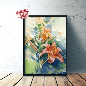 Orange Lily original watercolor painting, or Art prints of Lily flowers, wall hanging art, giclee on watercolor paper