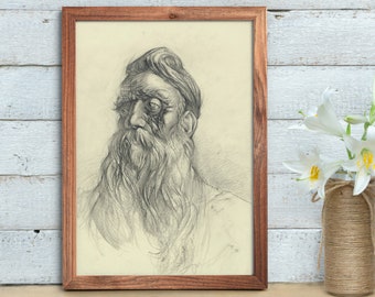 Portrait drawing old man -original and prints - pencil drawing, farmhouse wall decor, rustic home decor, farmhouse style