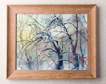 Print of Tree watercolor painting - watercolor painting original, woods painting giclee, winter drawing wall art decor