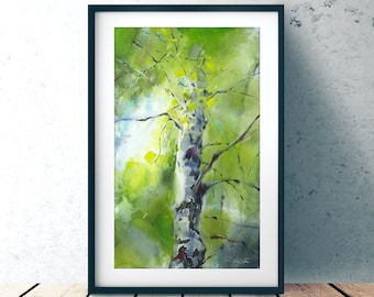 Birch tree watercolor art print - wood painting print, tree from below, giclee on watercolor paper