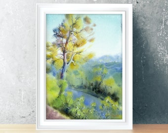 Italian landscape with Pine Tree on a Hill - art print from watercolor painting - art prints on watercolor paper