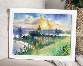 Print from Sunset watercolor painting - sun painting, print "Sunset at lake", pond sunrise bedroom decor, vibrant living room, bright art