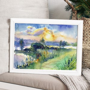 Print from Sunset watercolor painting - sun painting, print "Sunset at lake", pond sunrise bedroom decor, vibrant living room, bright art