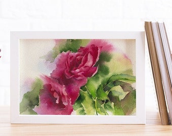 Print of Watercolor rose painting - flower painting print - rose drawing giclee, kitchen wall art, living room wall decor