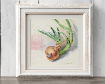 Print of Watercolor vegetable painting - green onion painting for kitchen, room renovation gift, cottagecore, farmhouse style decoration