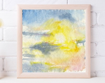 Print of Sunset painting watercolor - clouds in blue sky painting. Sunrise wall art decor - blue walls decorations - bedroom, living room