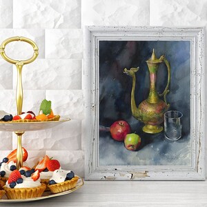 May include: A two-tiered gold serving stand with a white and gold floral pattern. The stand is filled with small pastries topped with whipped cream, blueberries, and strawberries. A framed watercolor painting of a still life with a green and gold pitcher, apples, and a glass sits on a white tiled surface behind the stand.
