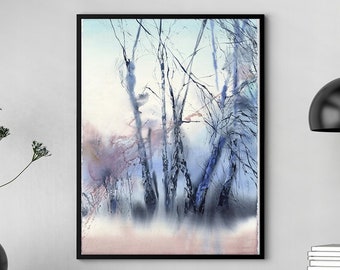 Birch forest art print of watercolor painting - blue forest, wood painting, print on watercolor paper