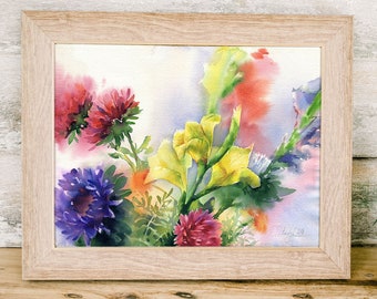 Print of watercolor gladioulus painting - asters watercolor painting print  "Gladiolus and asters bouquet", print on watercolor paper