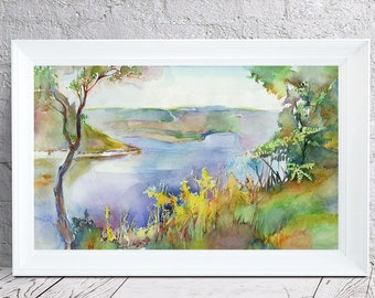 River landscape art print - riverscape painting print, river watercolor - river wall painting giclee on watercolor paper