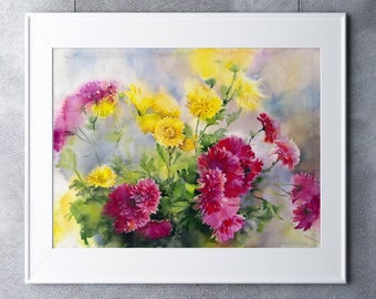 Chrysantheum flowers watercolor - original chrysanthemums painting paper