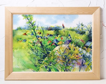 Landscape painting art print of watercolor - "Camping on a hills" painted from nature print, eclectic wall decor, giclee on watercolor paper