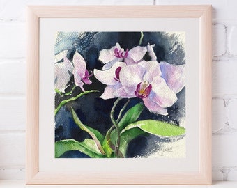 Print of Purple orchid watercolor print - purple flower painting on dark background, print on watercolor paper