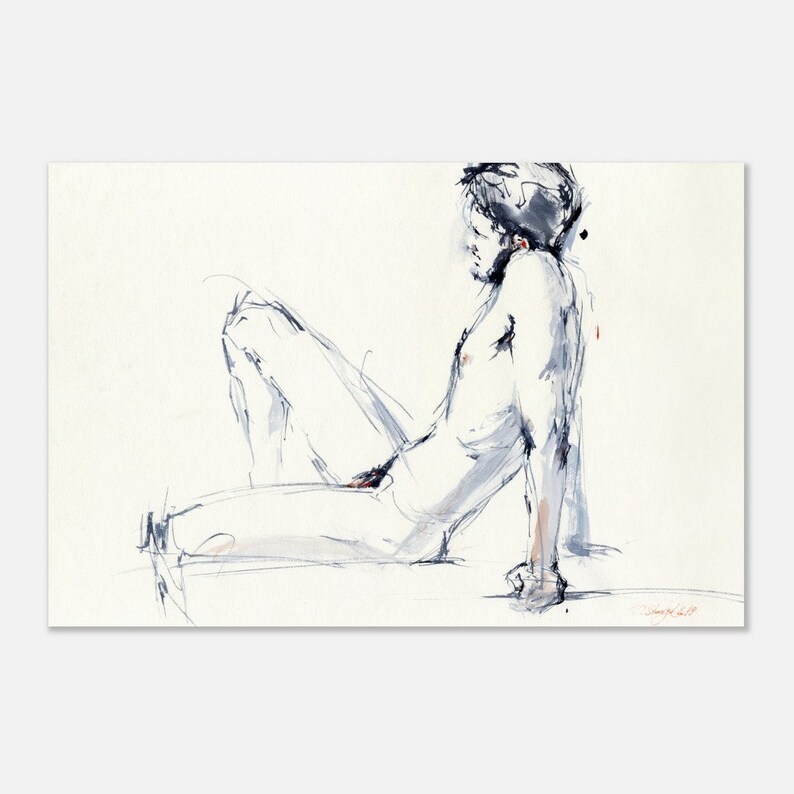 Desnudo - Impresión artística de pintura de desnudo masculino - Boceto de una sesión de desnudo, arte mural de desnudo masculino para dormitorio, giclée sobre papel de acuarela 12 x 18