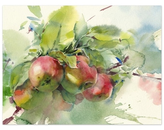 Print of Apple tree painting - apple watercolor fruit, rustic kitchen decor, kitchen decor ideas, print on watercolor paper