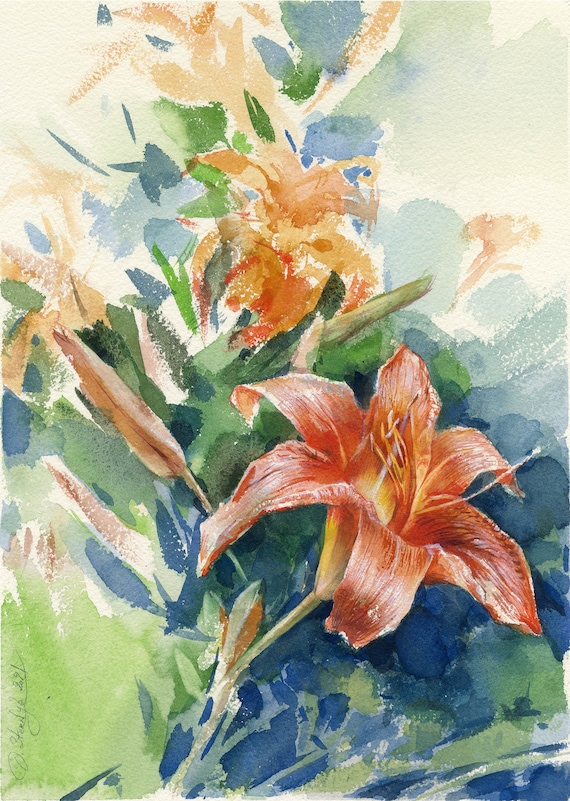オレンジリリーのオリジナル水彩画、またはユリの花のアートプリント