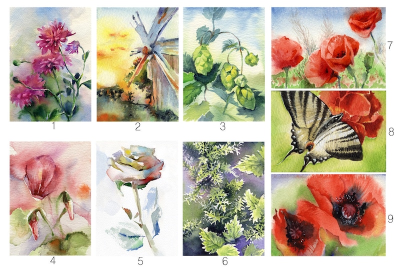 windmill Flower watercolor painting print rose butterfly ACEO print poppy