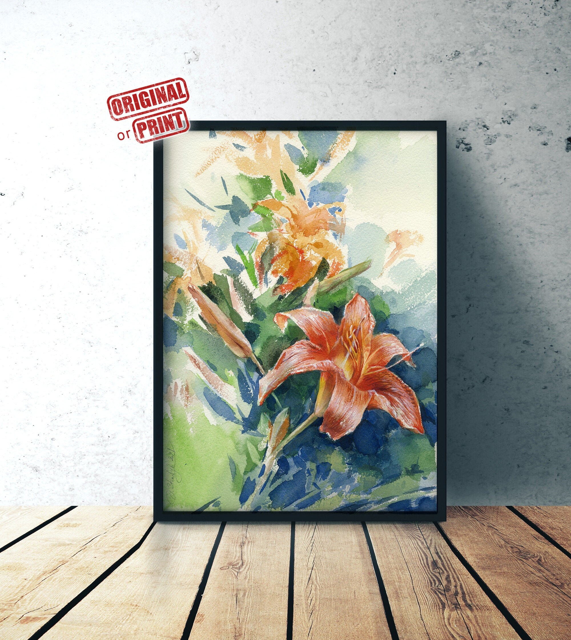 オレンジリリーのオリジナル水彩画、またはユリの花のアートプリント