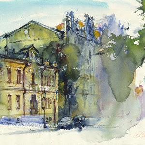 May include: Watercolor painting of a street scene with buildings in the background. The buildings are painted in shades of yellow, green, and blue. There are trees in the foreground, and the sky is a light blue.