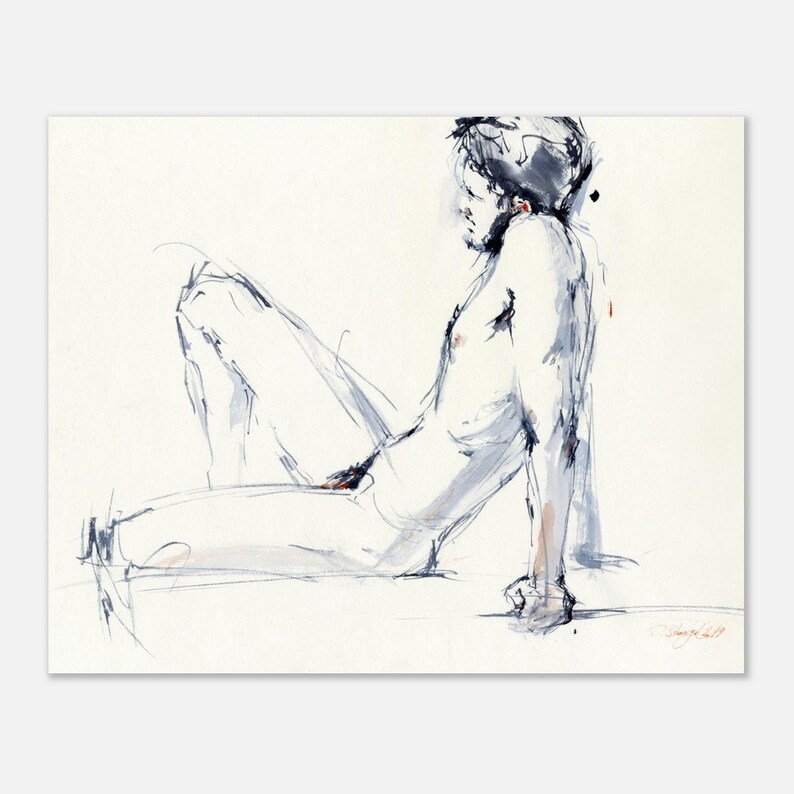 Desnudo - Impresión artística de pintura de desnudo masculino - Boceto de una sesión de desnudo, arte mural de desnudo masculino para dormitorio, giclée sobre papel de acuarela 8 x 10