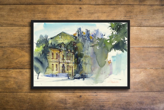 Old street in Kyiv cityscape print of watercolor painting - Building on Andriyivsky Uzviz in Kiev - architecture sketch print on paper