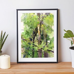 Art print of Forest watercolor painting, green trees wall hanging art decor, giclee on archival watercolor paper