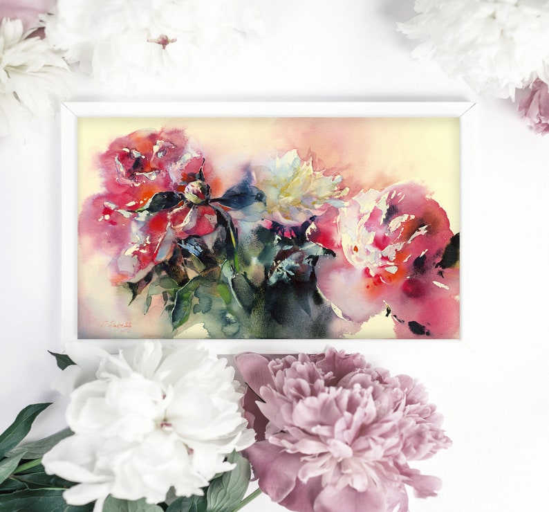 Pink Peonies Art Print of Watercolor Painting - Peony Flower Wall ...
