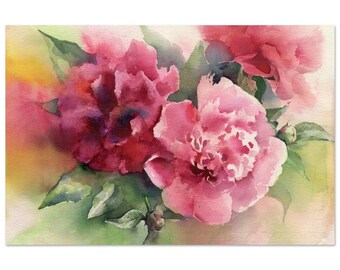 Peony art print watercolor - framed peony painting print home decor, peony kitchen wall art, ready to hang