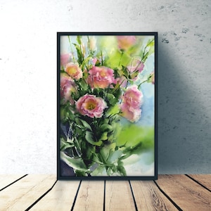 Aquarelle originale Lisianthus peinture de fleurs - Eustoma gravure d’art mural - fleurs aquarelles - cadeau pour herboriste