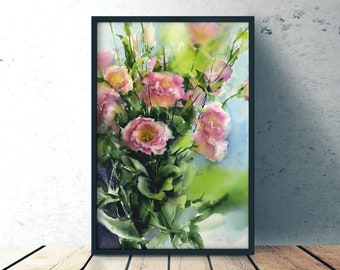 Original watercolor Lisianthus flower painting - Eustoma wall art print - watercolor flowers - gift for herbalist