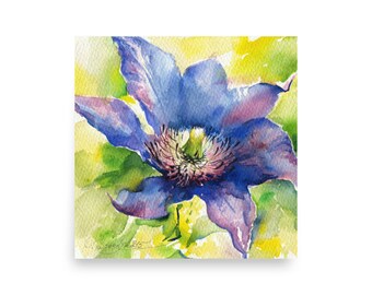 Clematis print of watercolor painting - blue flower print, hanging art for kitchen, home decor living room, nursery, gift for mother