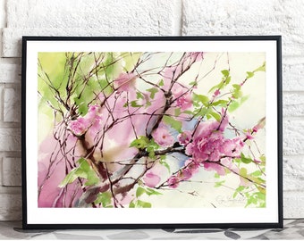 Print of Sakura painting watercolor - cherry blossoms art print - cherry blossom tree flower painting