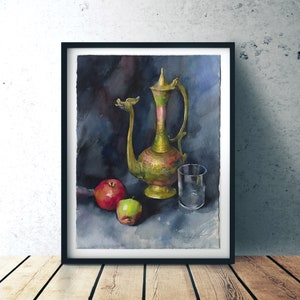 May include: Watercolor painting of a still life featuring a golden ornate pitcher, a glass, and two apples, one red and one green, on a dark blue background.