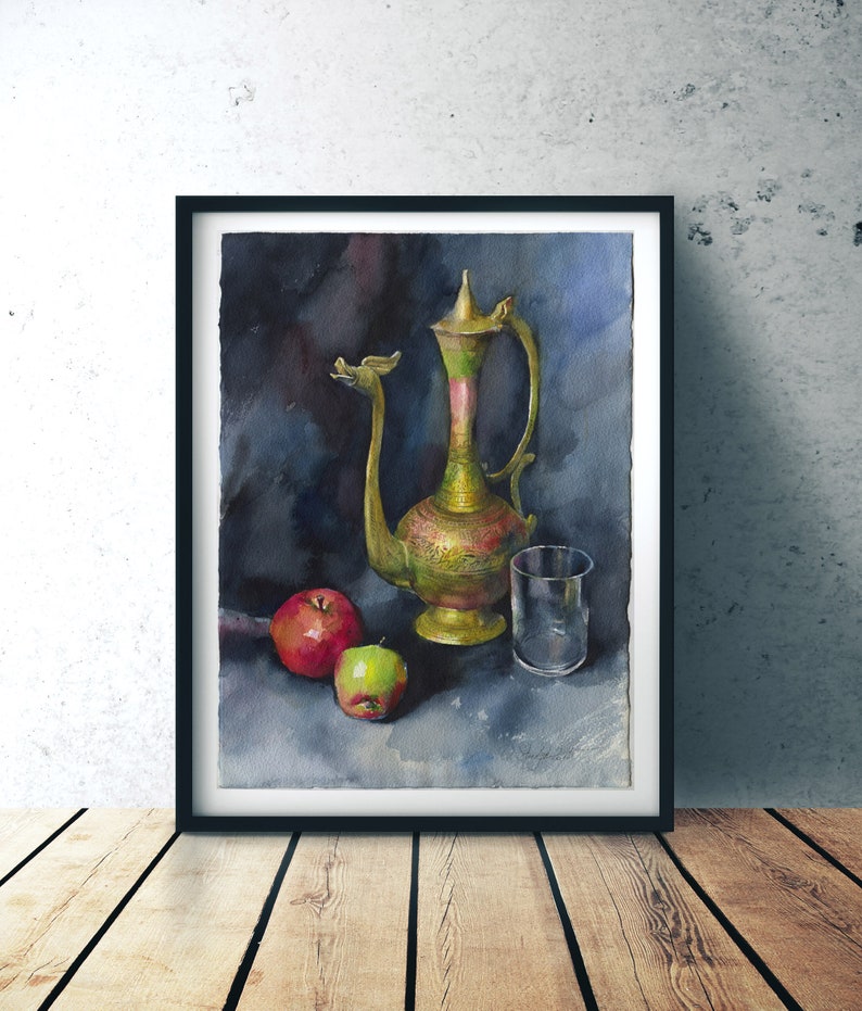 May include: Watercolor painting of a still life featuring a golden ornate pitcher, a glass, and two apples, one red and one green, on a dark blue background.