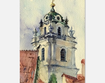 Print of watercolor painting - Vilnius "Vilniaus Universitetas" - Lithuania cityscape architecture painting - giclee on watercolor paper