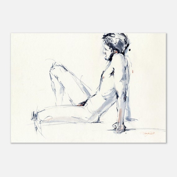 Nude - Art print of Male Nude painting - Sketch from nude session, male nude wall art for bedroom, giclee on watercolor paper