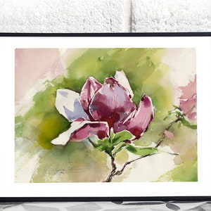 Print of Pink magnolia watercolor - magnolia art print - print from original purple flower painting, print on watercolor paper
