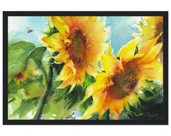 Art print of Sunflower painting - Watercolor yellow flower with bees - Sunflower wall art giclee