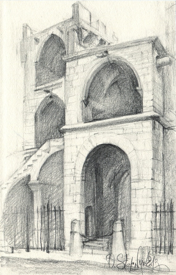 Rysunek Ołówek Pejzaż Oryginalny Rysunek Z Walencji Grafit Papieru Ołówek