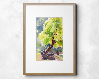 Print of Willow Tree watercolor painting - wood painting print on watercolor paper, farmhouse wall art decor