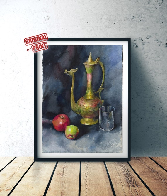 Still life original watercolor painting or art print - vintage brass indian teapot and apples, hanging wall art