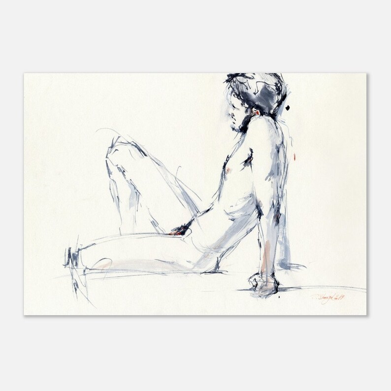 Desnudo - Impresión artística de pintura de desnudo masculino - Boceto de una sesión de desnudo, arte mural de desnudo masculino para dormitorio, giclée sobre papel de acuarela 8 x 12