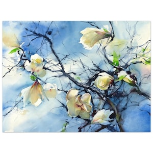 White magnolia watercolor print - magnolia painting art print - print from original white flower painting, print on watercolor paper
