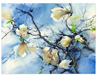 White magnolia watercolor print - magnolia painting art print - print from original white flower painting, print on watercolor paper