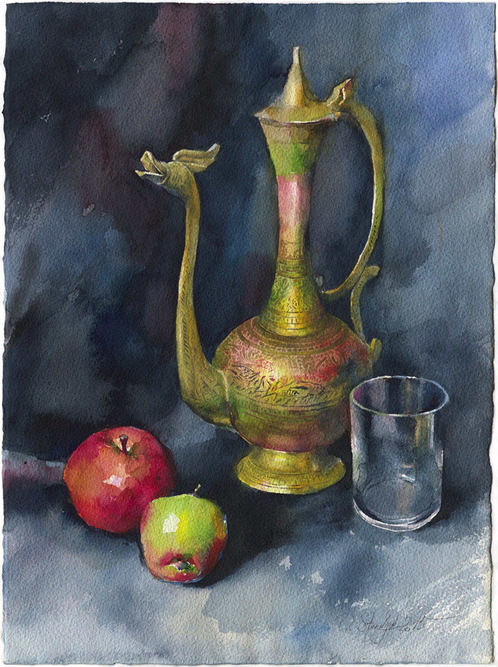 Still life watercolor painting brass indian teapot and Etsy
