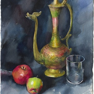 May include: A still life watercolor painting of a gold ornate teapot with a dragon-like spout, two apples, one red and one green, and a clear glass on a dark blue background.