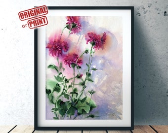 Purple flowers original watercolor painting or Art print, purple asters wall hanging art decor, bohemian and eclectic style, giclee on paper